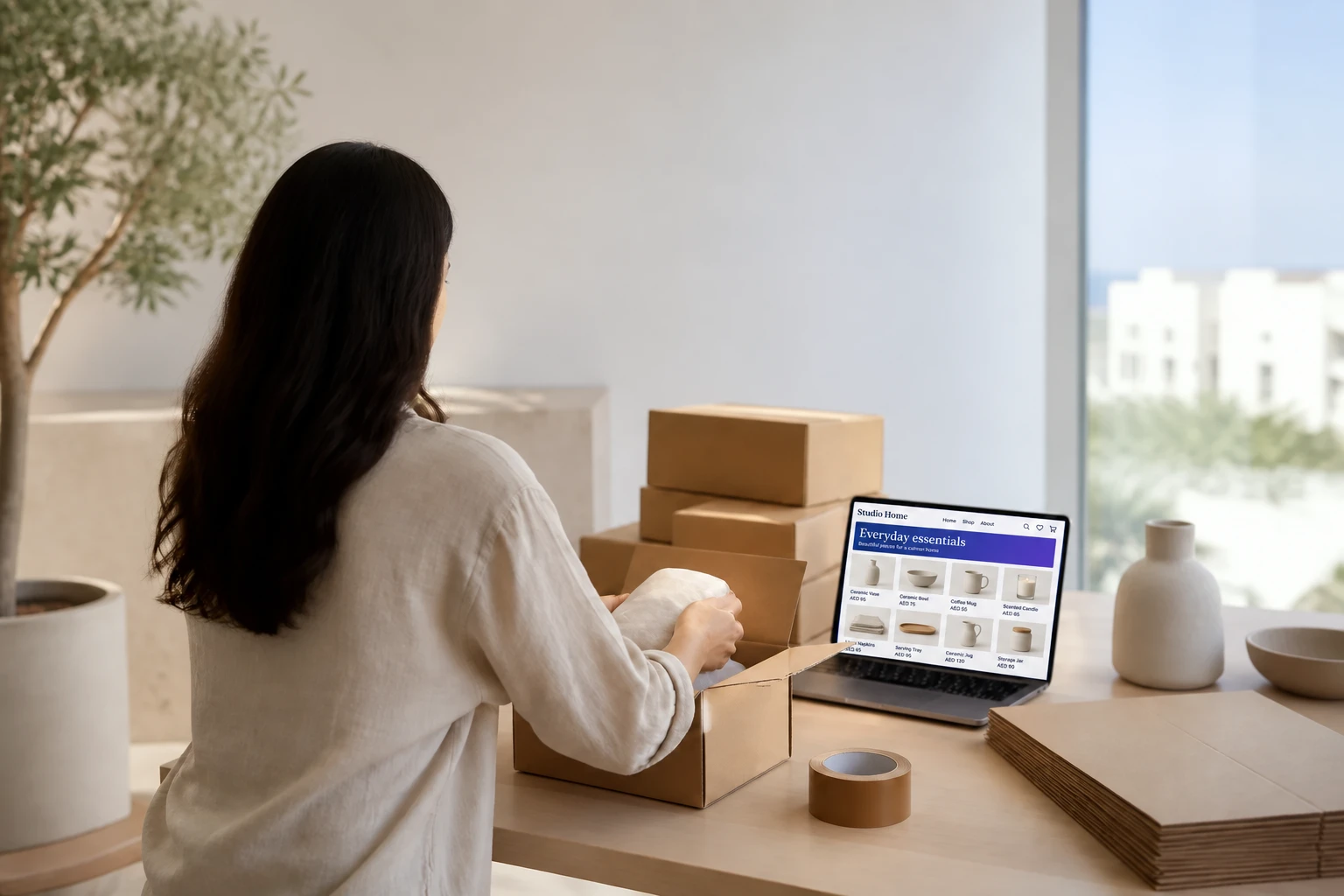 A small business owner packing an online order into a plain box in a bright Dubai studio, a laptop open beside them.