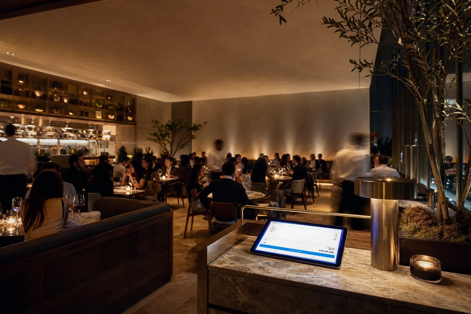 A full restaurant dining room in the evening, with a tablet glowing on a service station in the foreground.