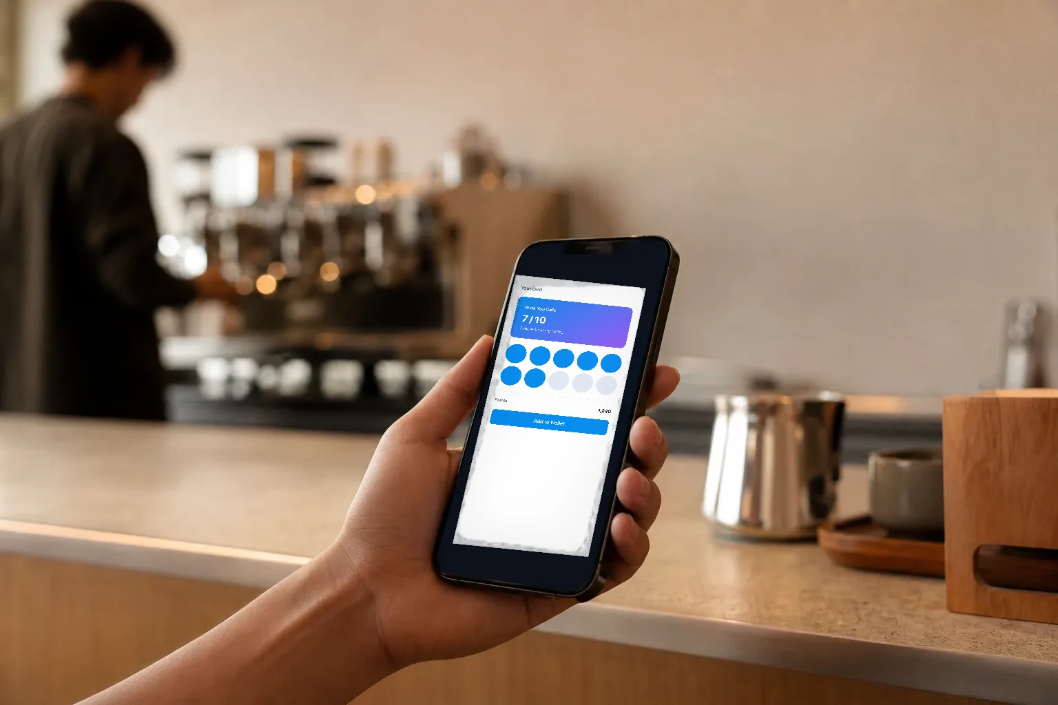 A hand holding a phone displaying a digital loyalty card at the counter of a coffee shop.