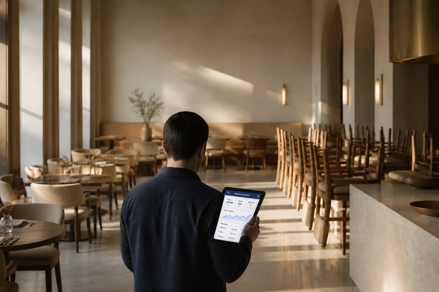 A restaurant owner with a tablet standing in an empty dining room in the quiet morning before service.