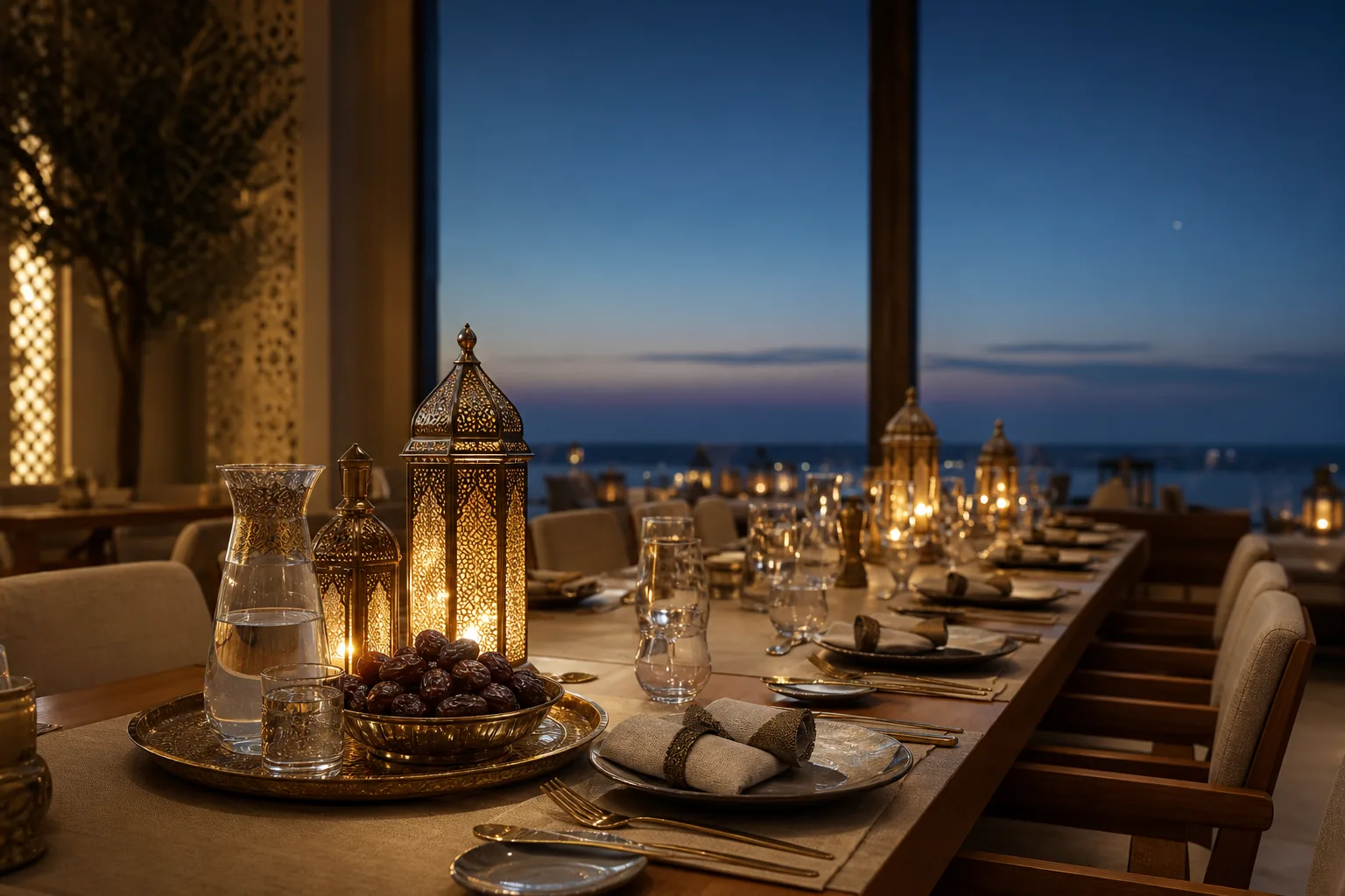 An iftar table set with dates and water on a brass tray, lit by lanterns at dusk.