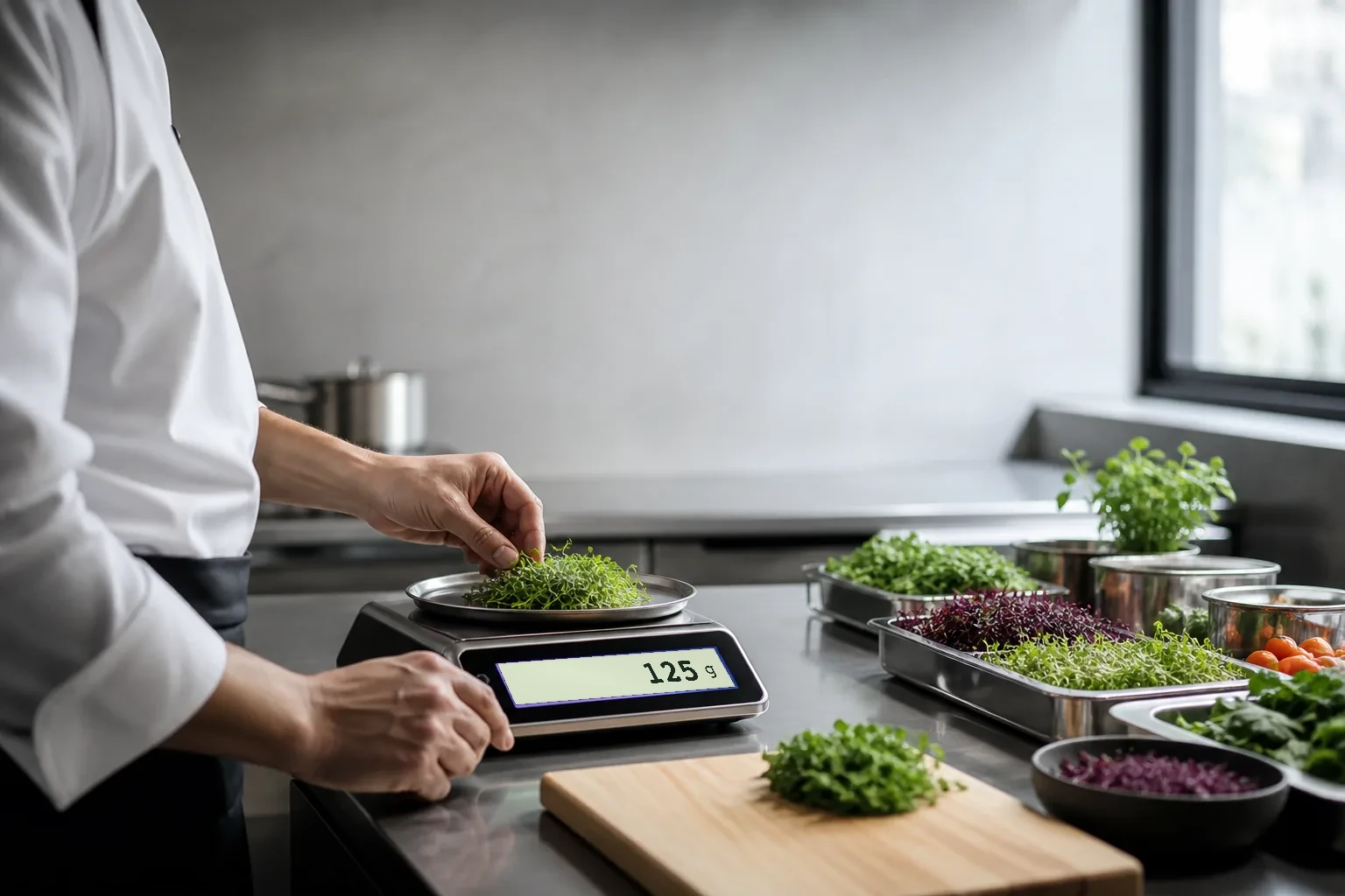 A chef weighing fresh ingredients on a digital scale in a bright stainless steel prep kitchen.