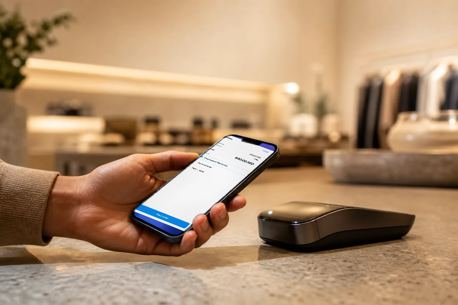 A shopper completing a payment on a phone at the counter of a modern boutique.