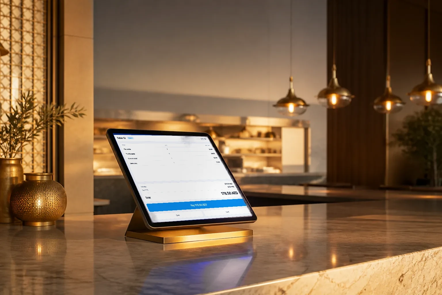 A tablet point of sale terminal on the counter of a modern Gulf restaurant, with the kitchen line visible behind it.