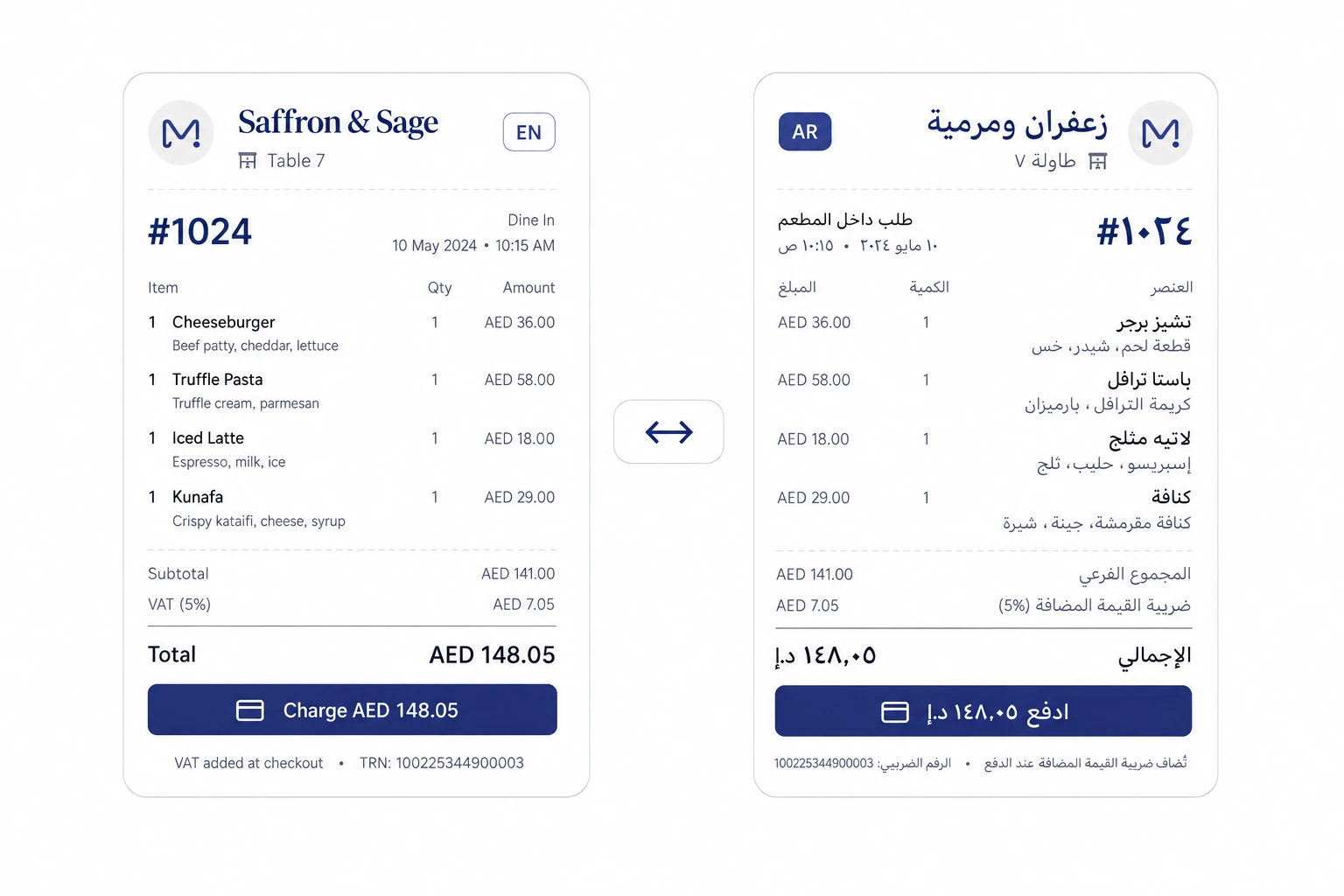 The same order shown in English and Arabic
