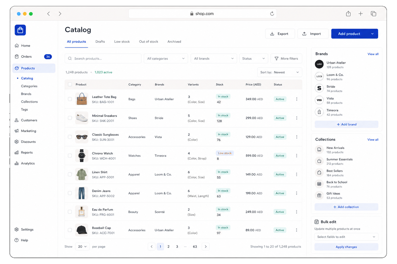 Shop admin brands dashboard with product counts