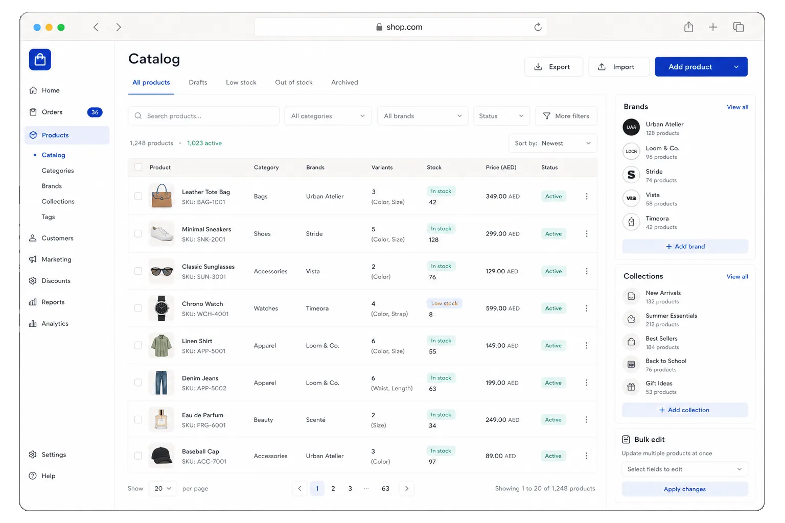 Shop admin brands dashboard with product counts
