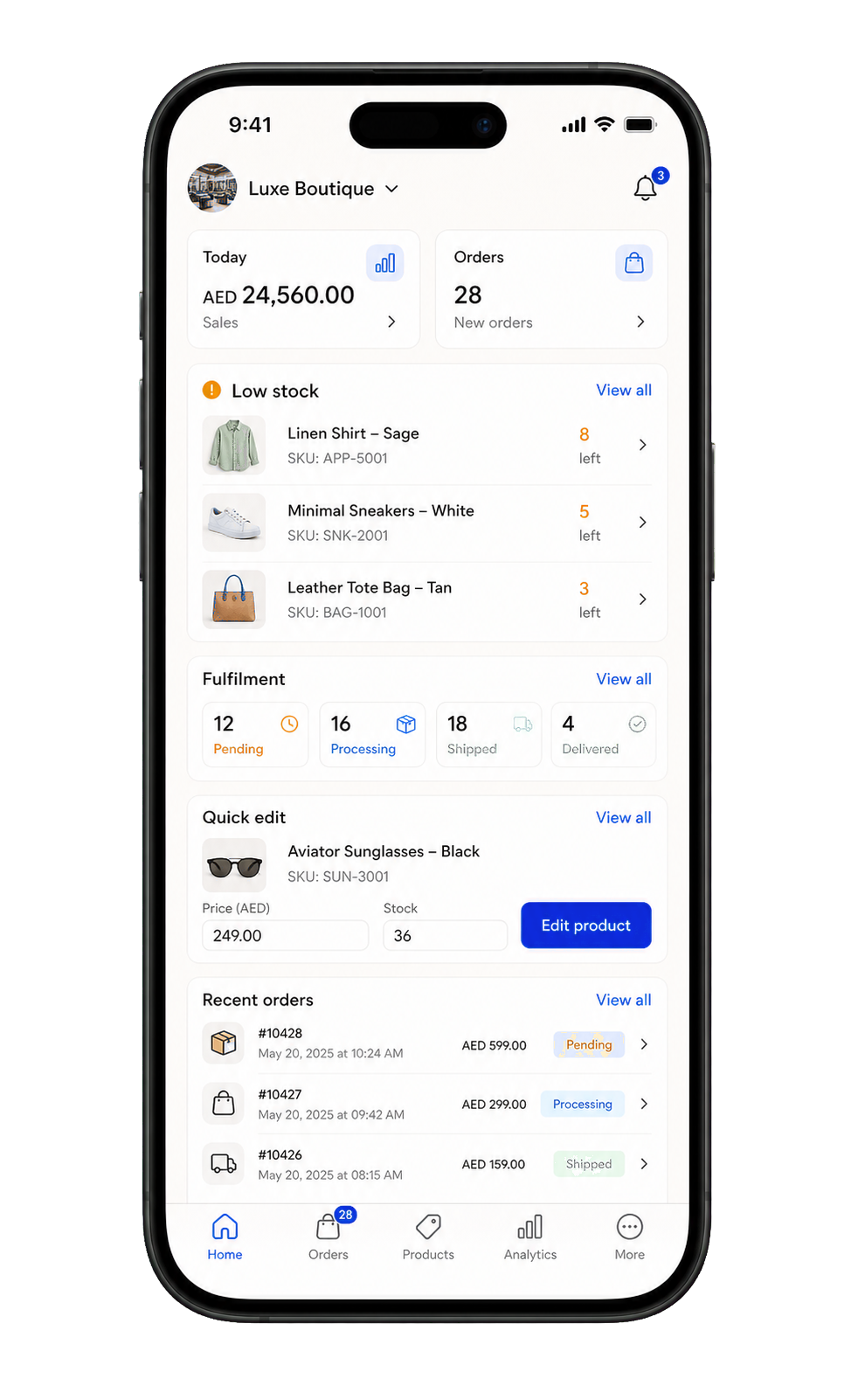 Native iOS admin app with revenue, stats, and live orders