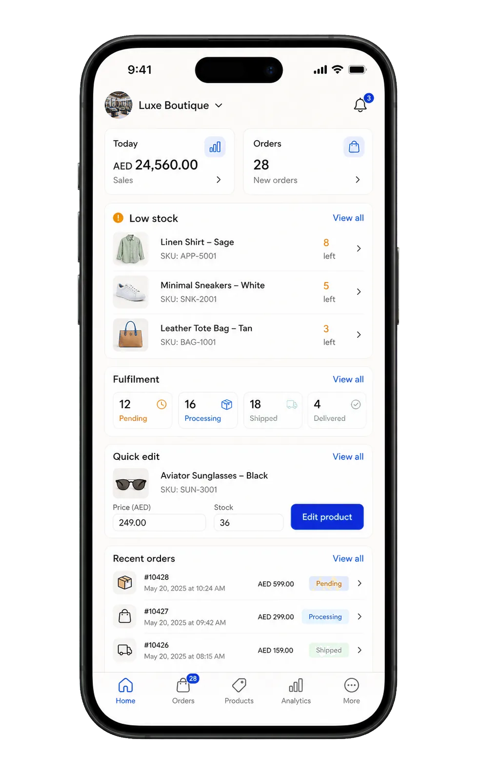Native iOS admin app with revenue, stats, and live orders
