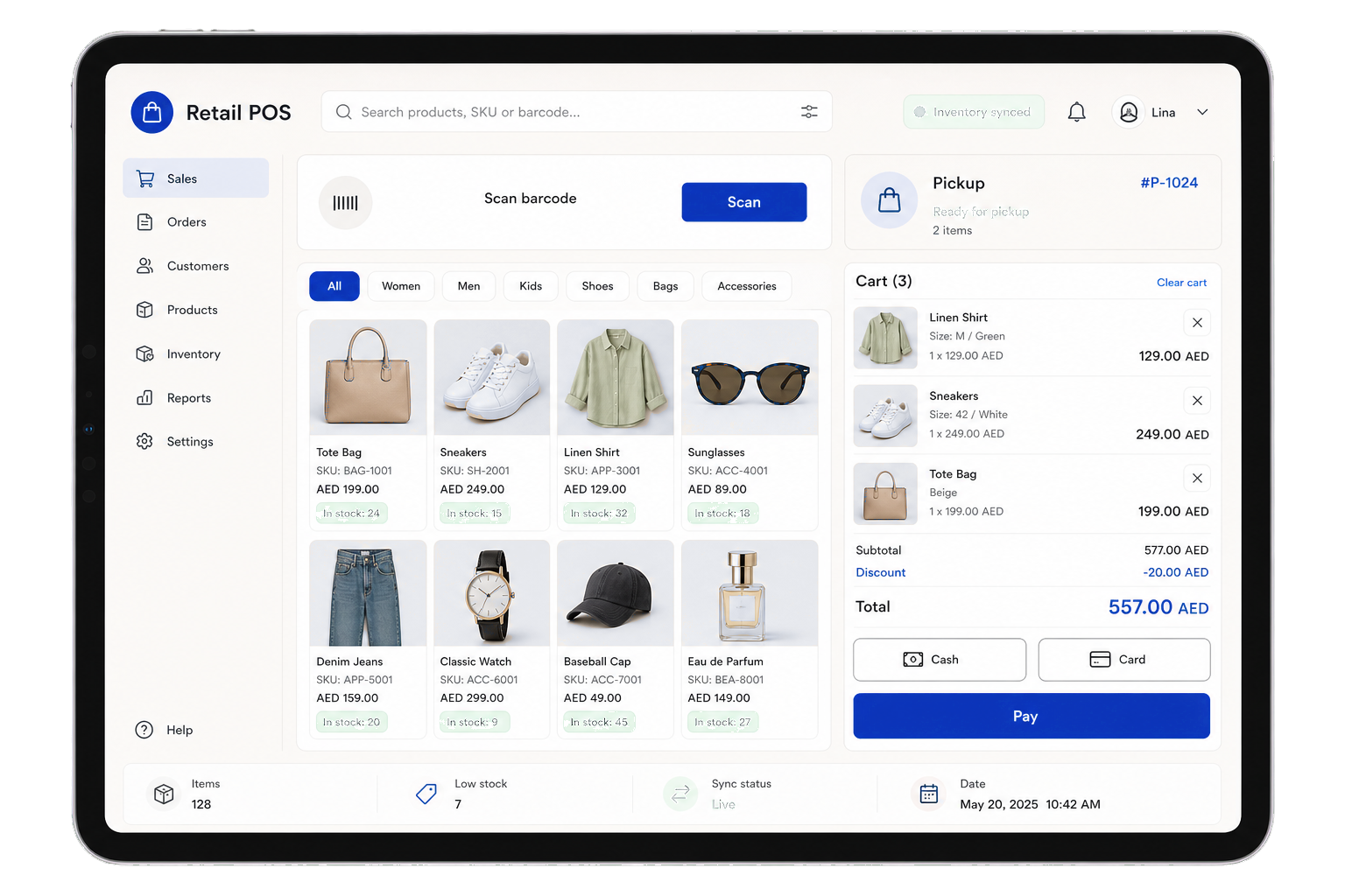POS checkout with product grid, order panel, and payment methods