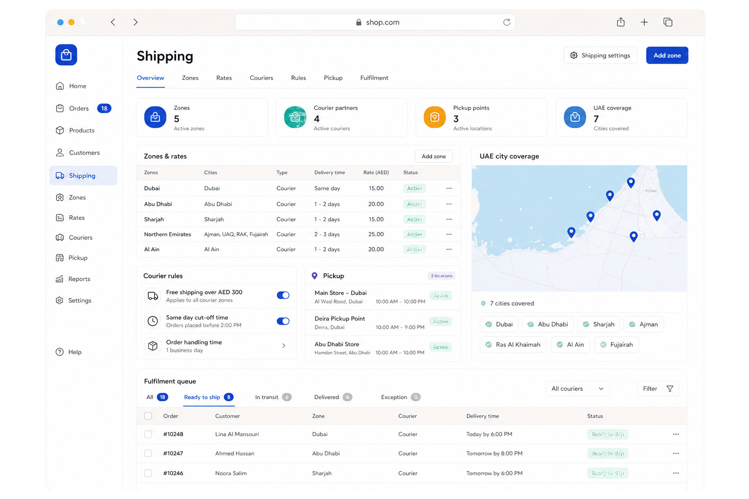 Shop admin UAE shipping zones dashboard