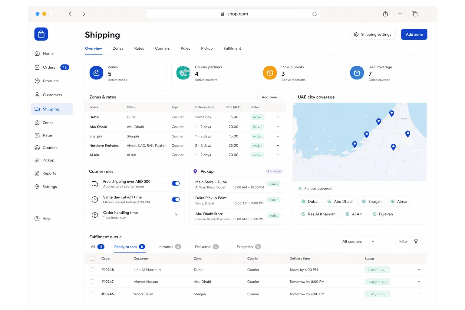 Shop admin UAE shipping zones dashboard