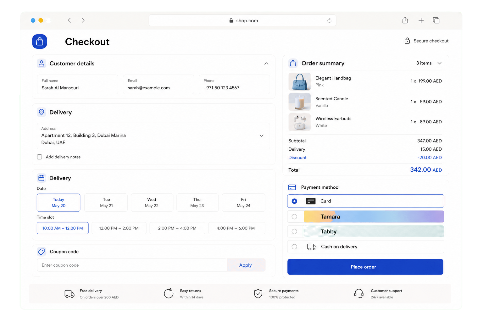 Shop checkout payment step with card, Tabby, Tamara, cash on delivery, and order summary