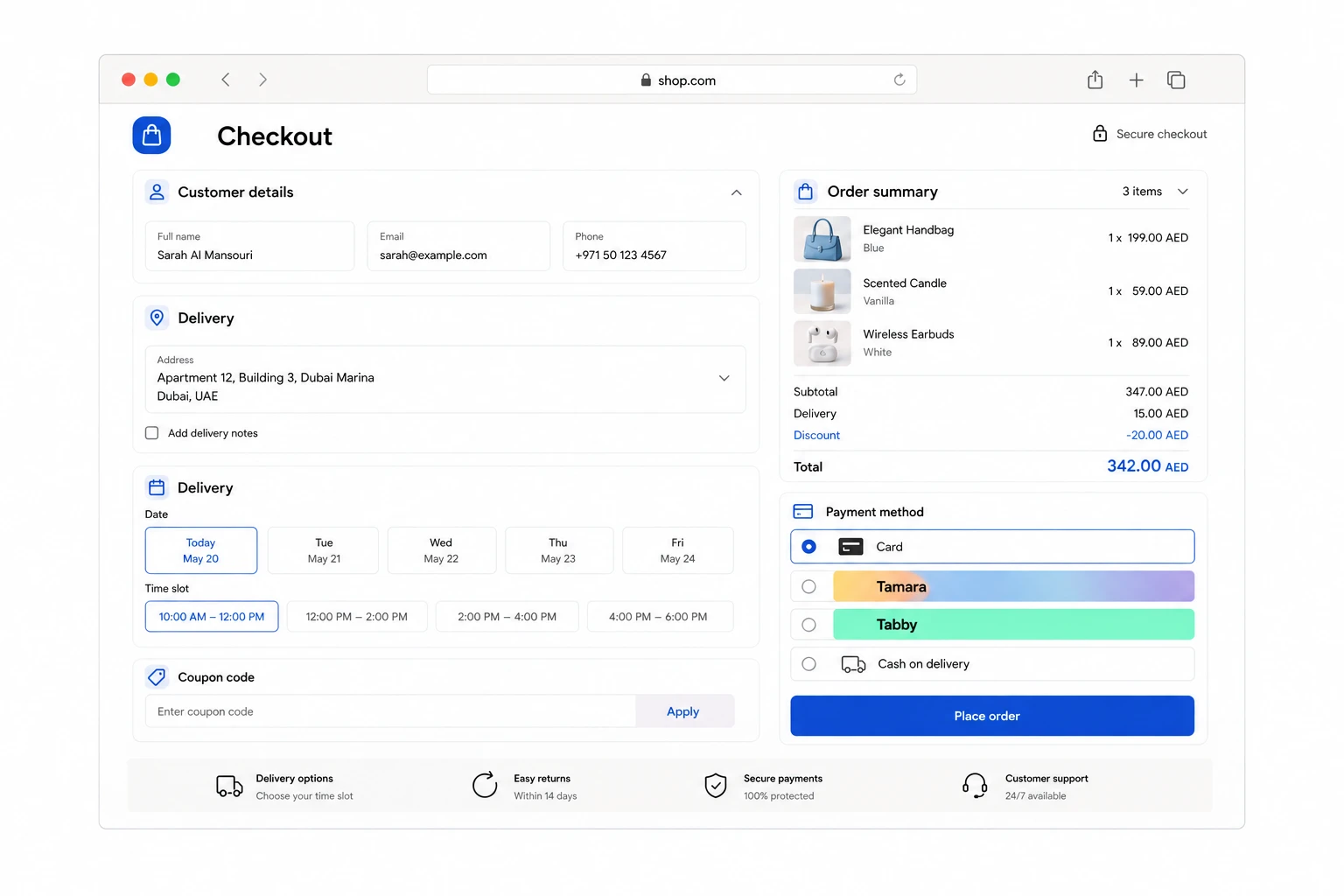 Shop checkout payment step with card, instalments, cash on delivery, and order summary