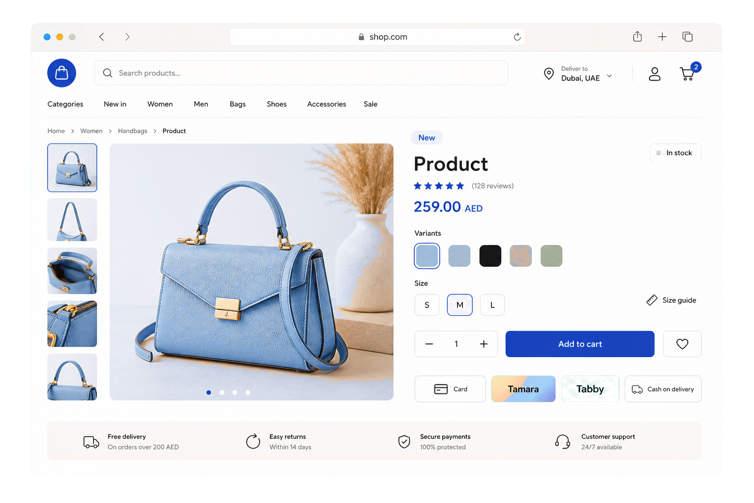 Product detail page with gallery, variants, price, and add to bag button