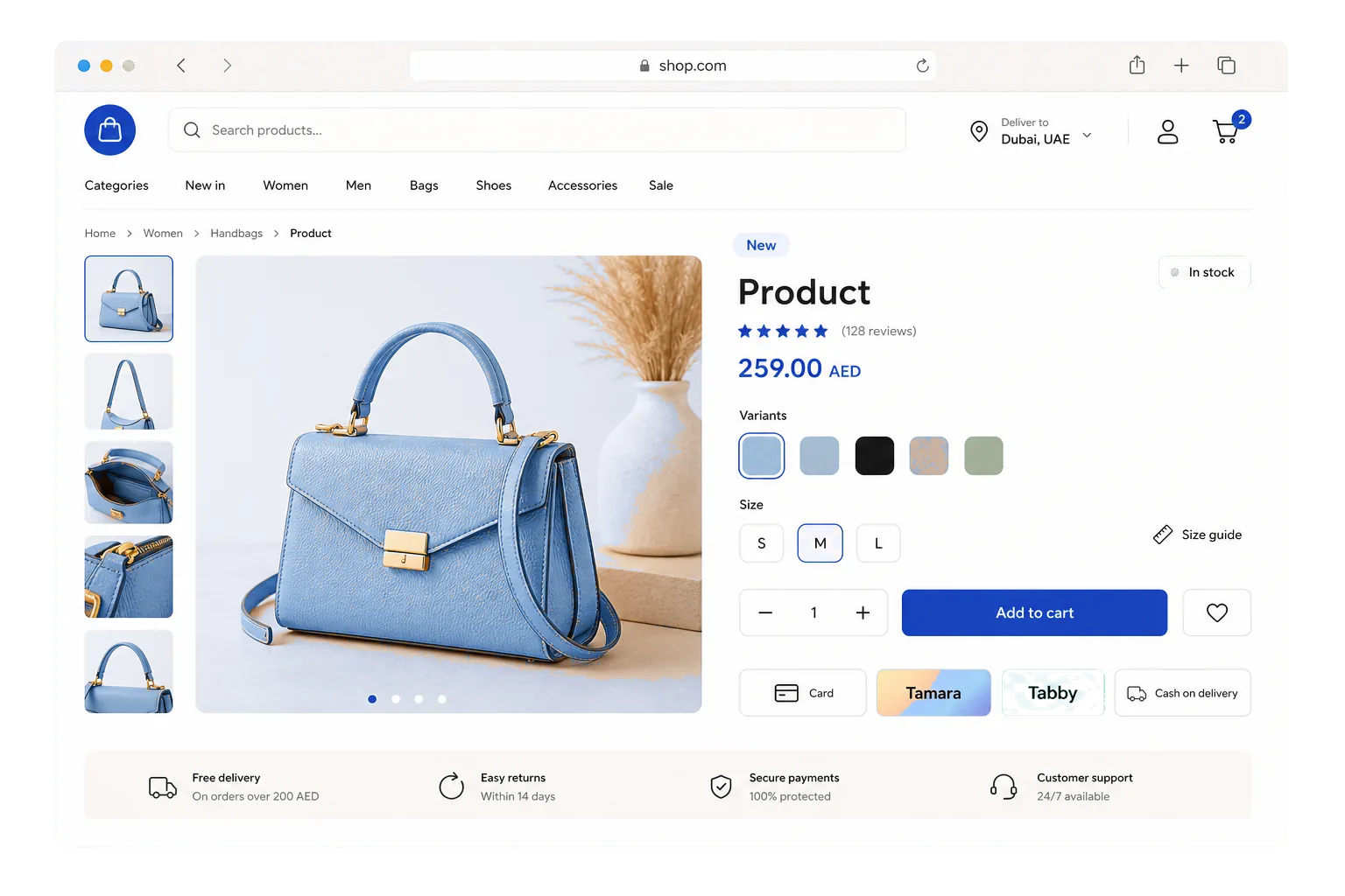 Product detail page with gallery, variants, price, and add to bag button