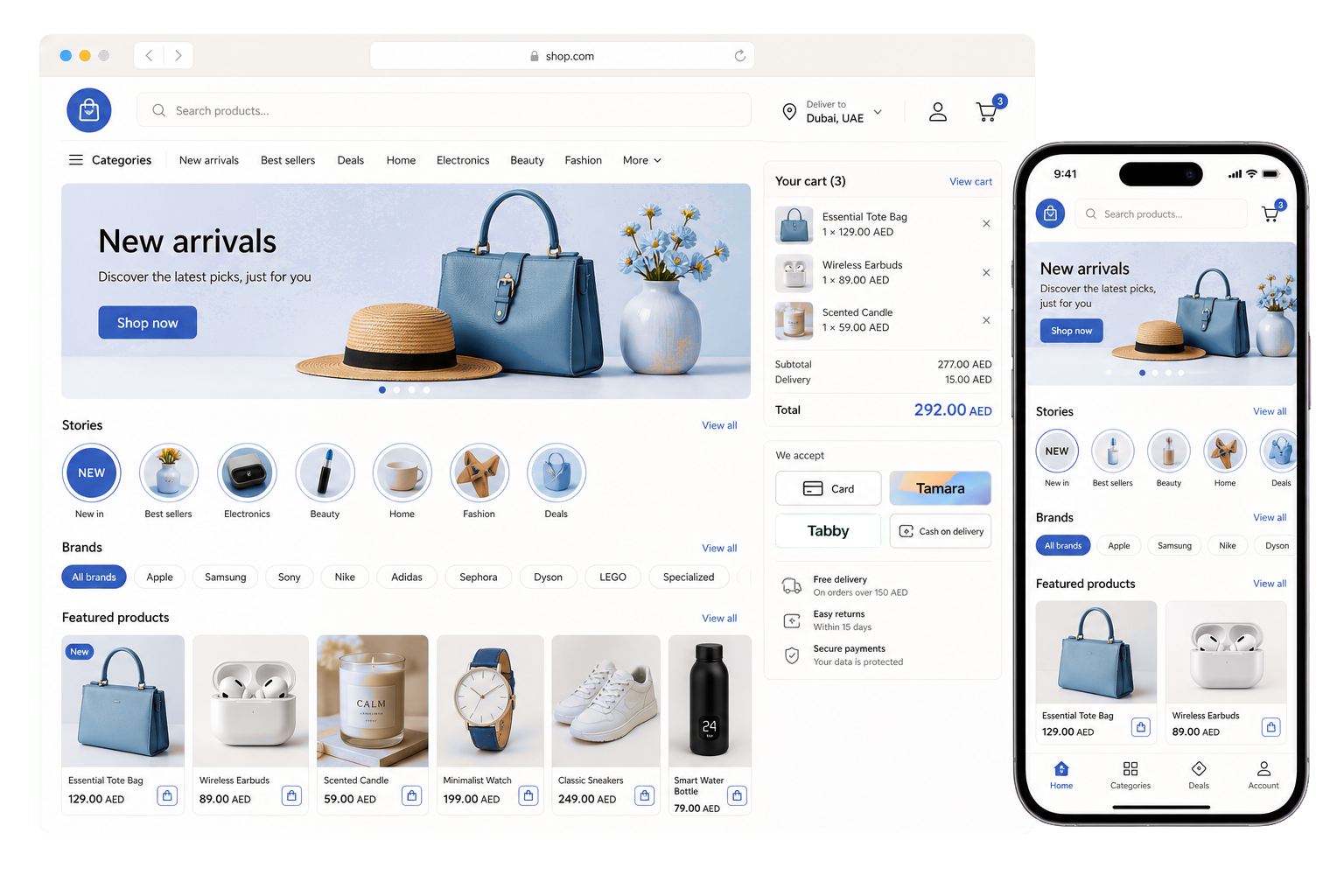Online storefront home page with banner, stories, products, card, Tabby, Tamara, and cash on delivery payment chips