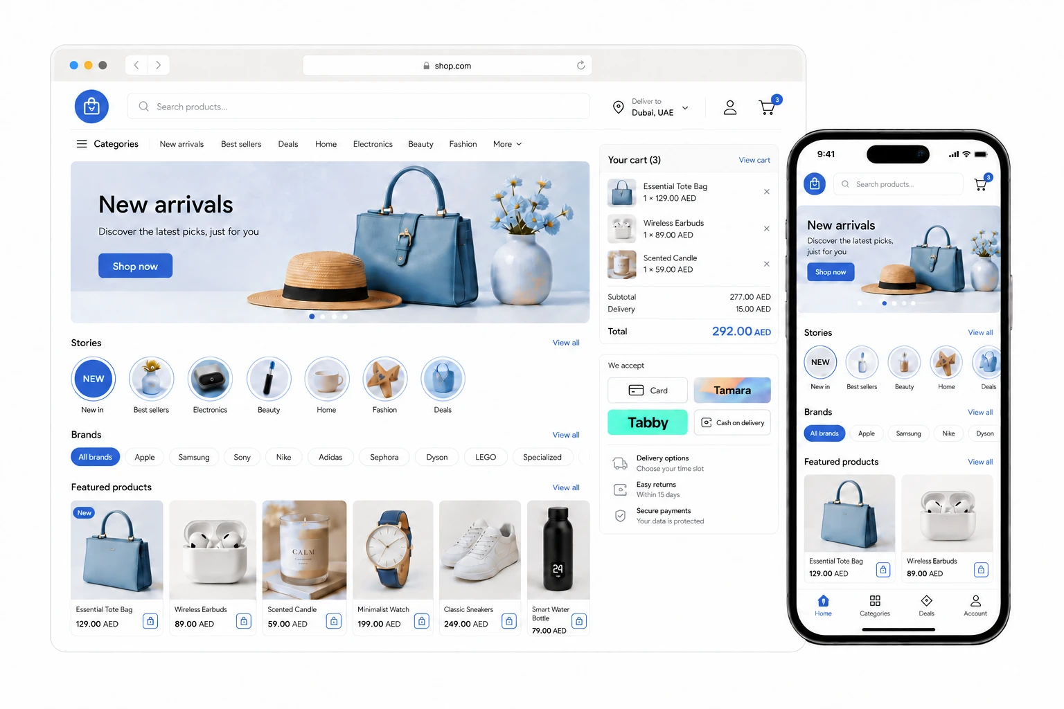Online storefront home page with banner, stories, products, card, instalment, and cash on delivery payment chips