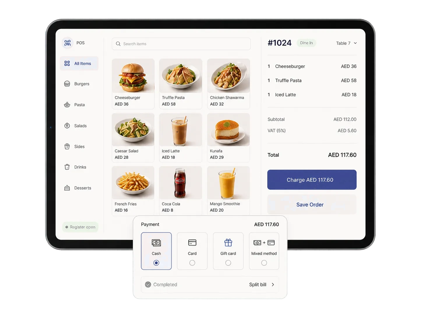 Point of sale checkout with products, order details, and payment methods
