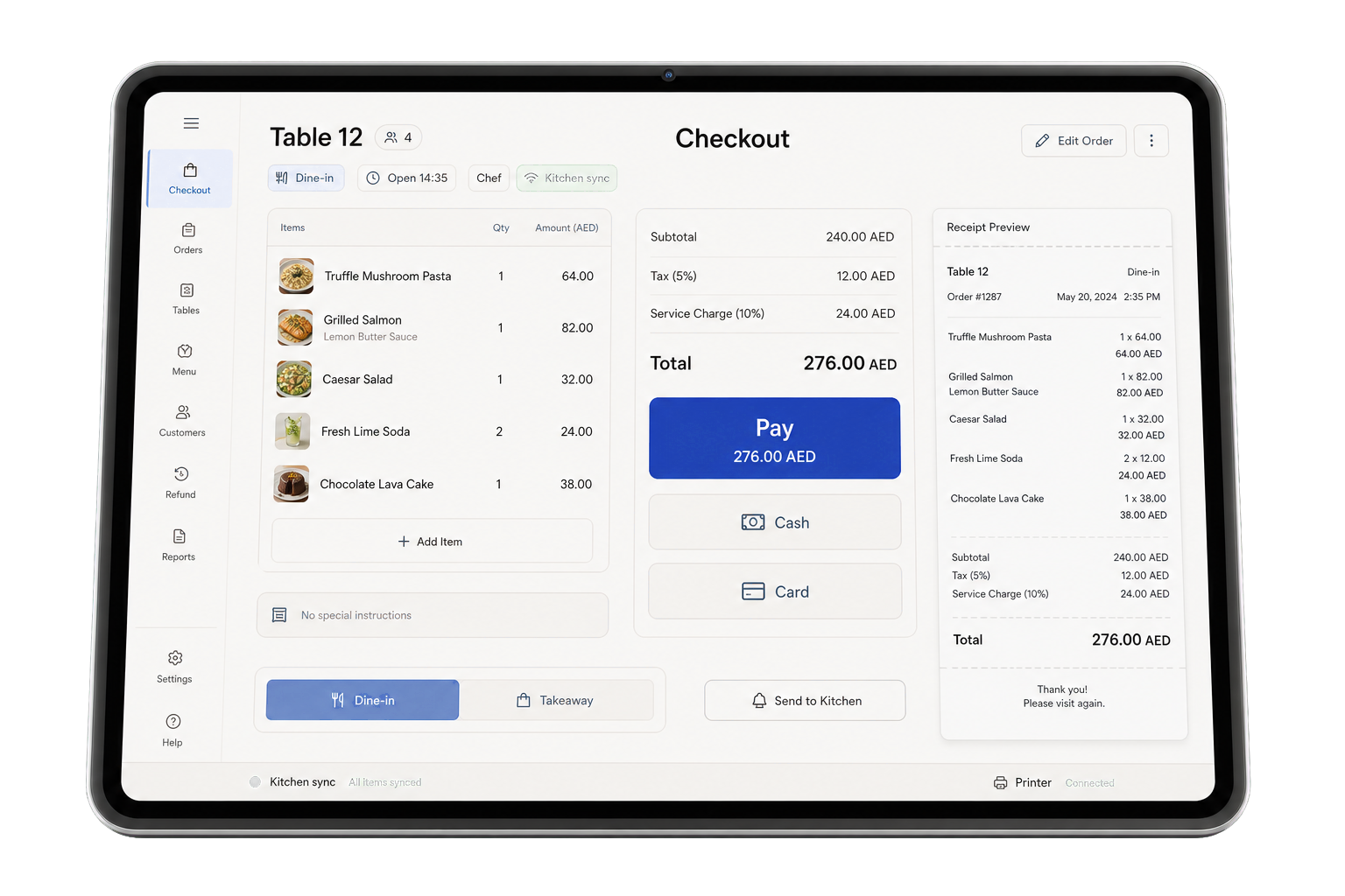 POS checkout with product grid, order panel, and payment methods