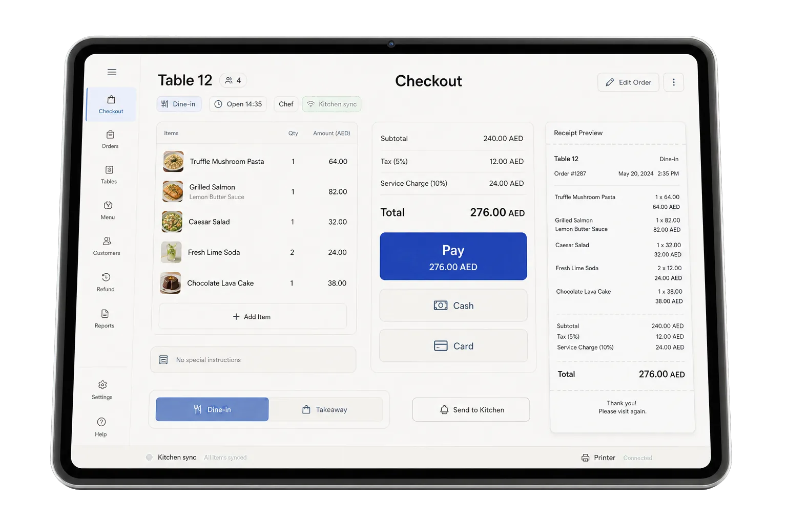 POS checkout with product grid, order panel, and payment methods