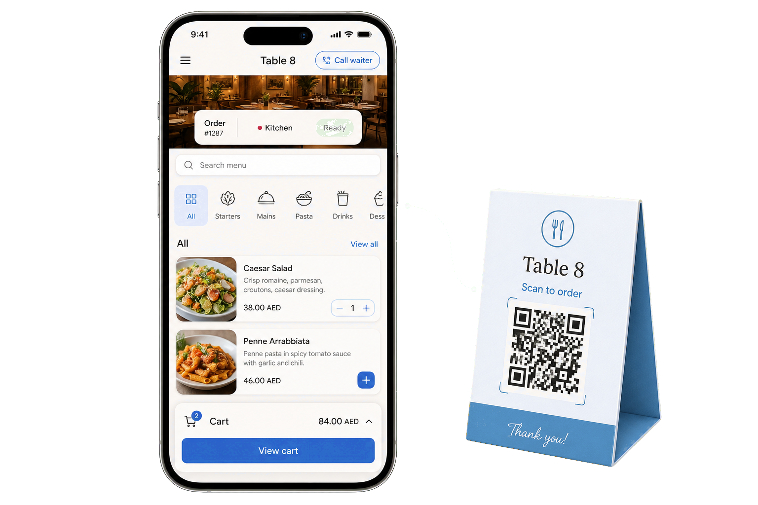 QR table ordering phone with menu items and cart