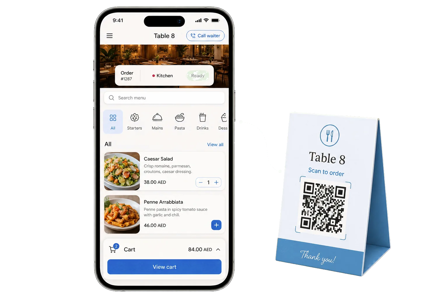 QR table ordering phone with menu items and cart
