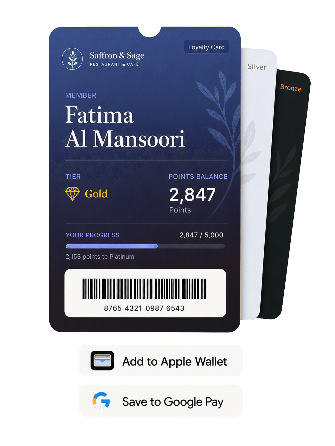 Restaurant loyalty wallet pass with points balance and wallet buttons