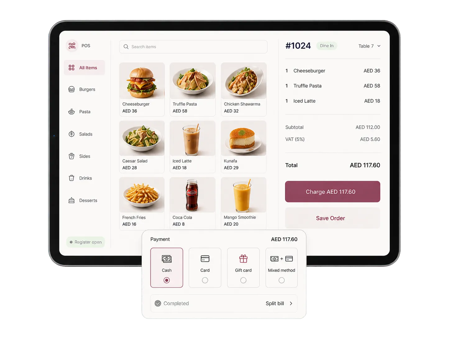 Point of sale checkout with products, order details, and payment methods