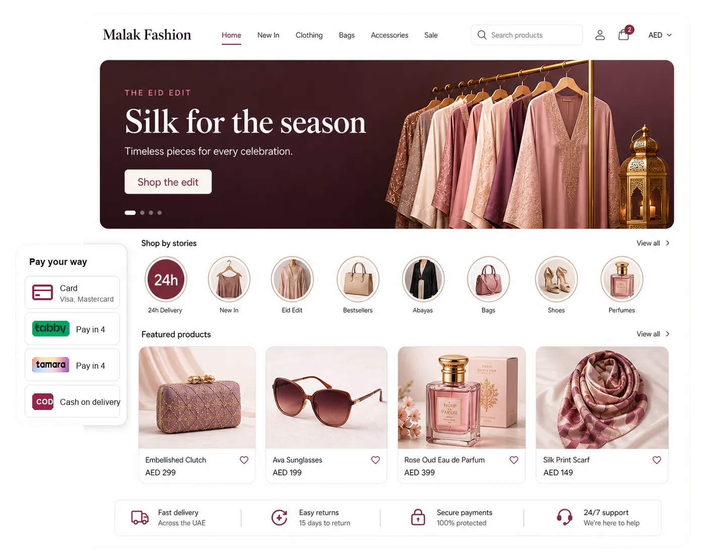 Online storefront with collections, stories, and products