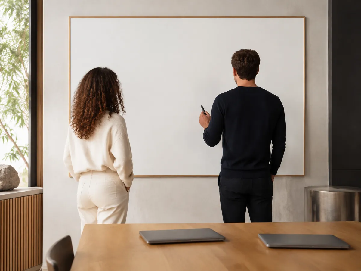 Two people at a blank whiteboard in a bright studio