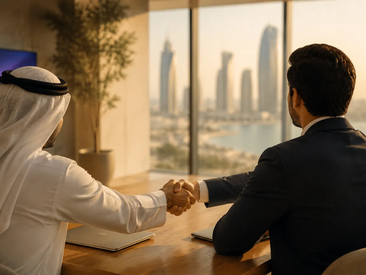 Two people shaking hands across a table in a bright modern office