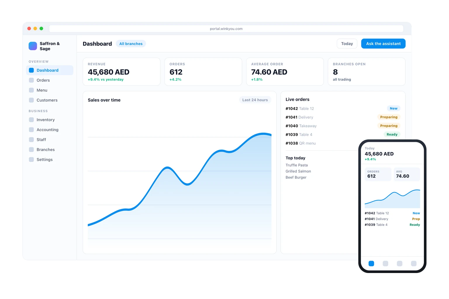 The Business Admin dashboard on a desktop and the same dashboard on a phone, showing revenue, orders, average order value, a sales chart and live orders.