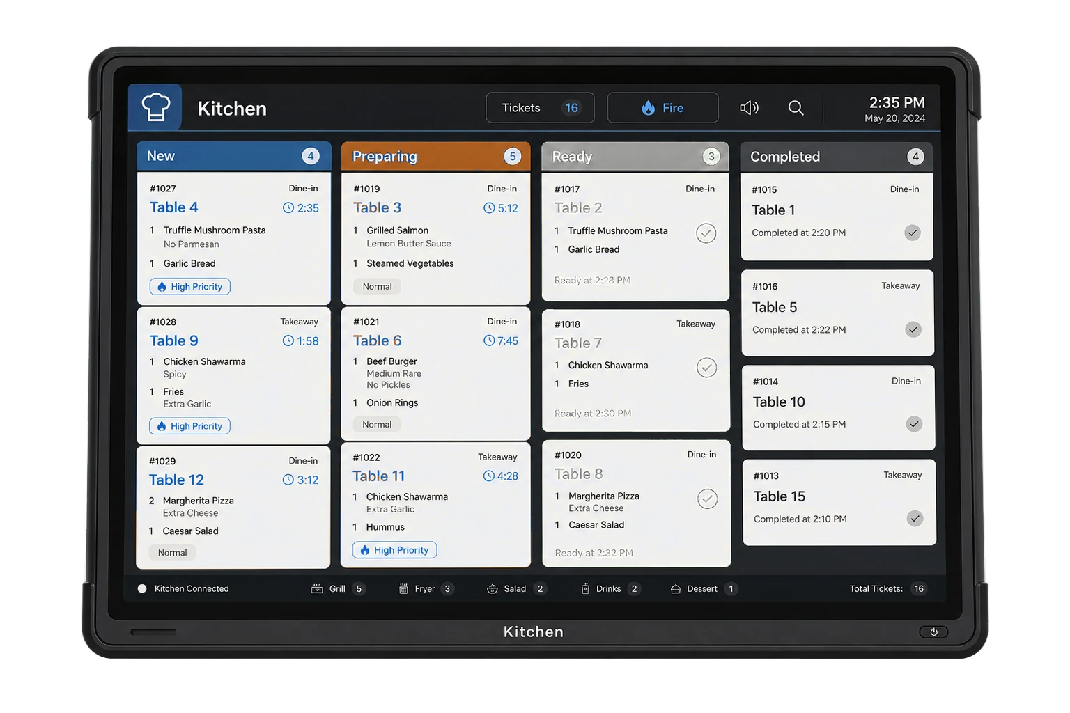 The kitchen display on a wall mounted screen, showing order tickets moving through New, Preparing, Ready and Completed lanes with a timer on each.