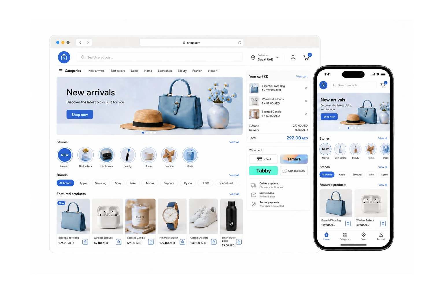 The online store on a laptop and a phone, showing the home page banner, brand row, product grid and a full cart.