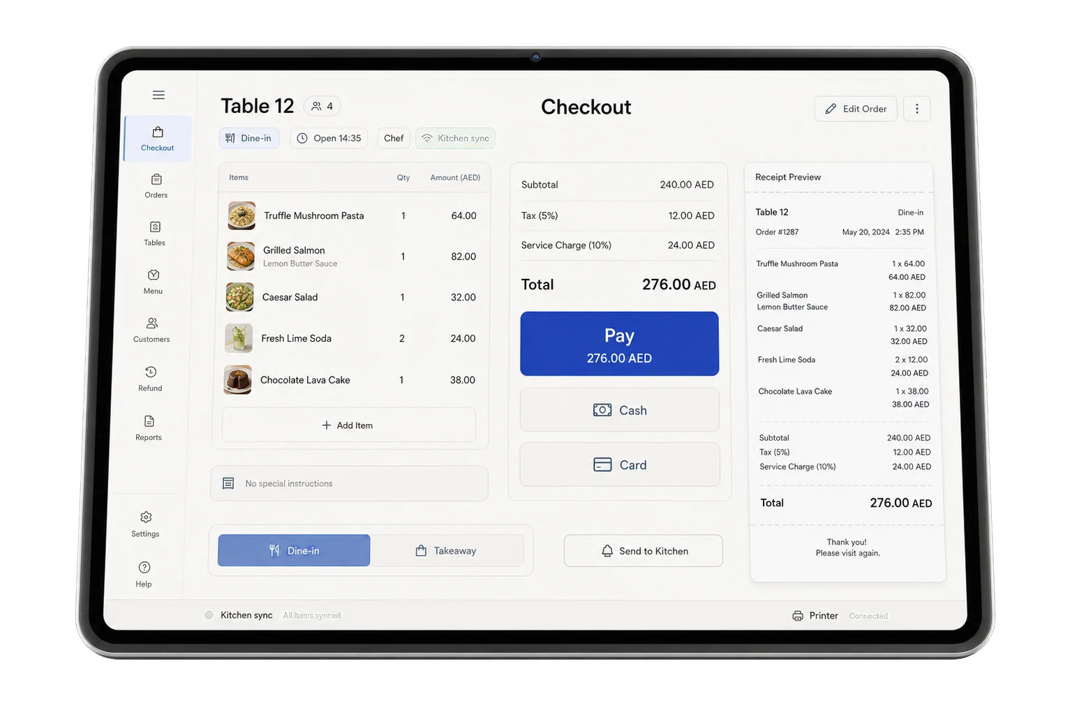 The Wink You point of sale on a tablet, showing an open table with its itemised bill, the total, cash and card payment buttons, and a receipt preview.
