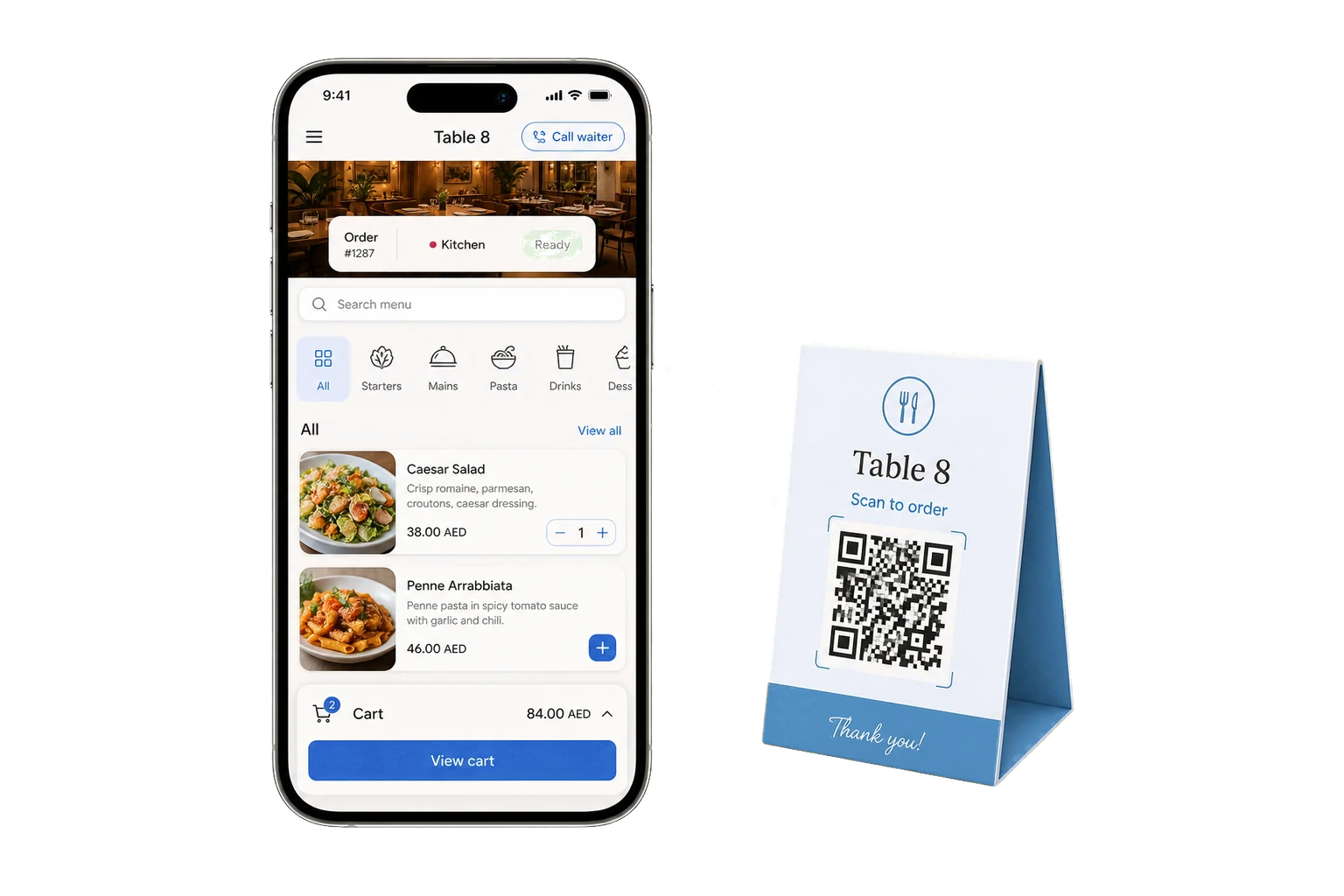 A phone showing the QR menu with dish photos, prices and a cart, next to a table card carrying the scan code.