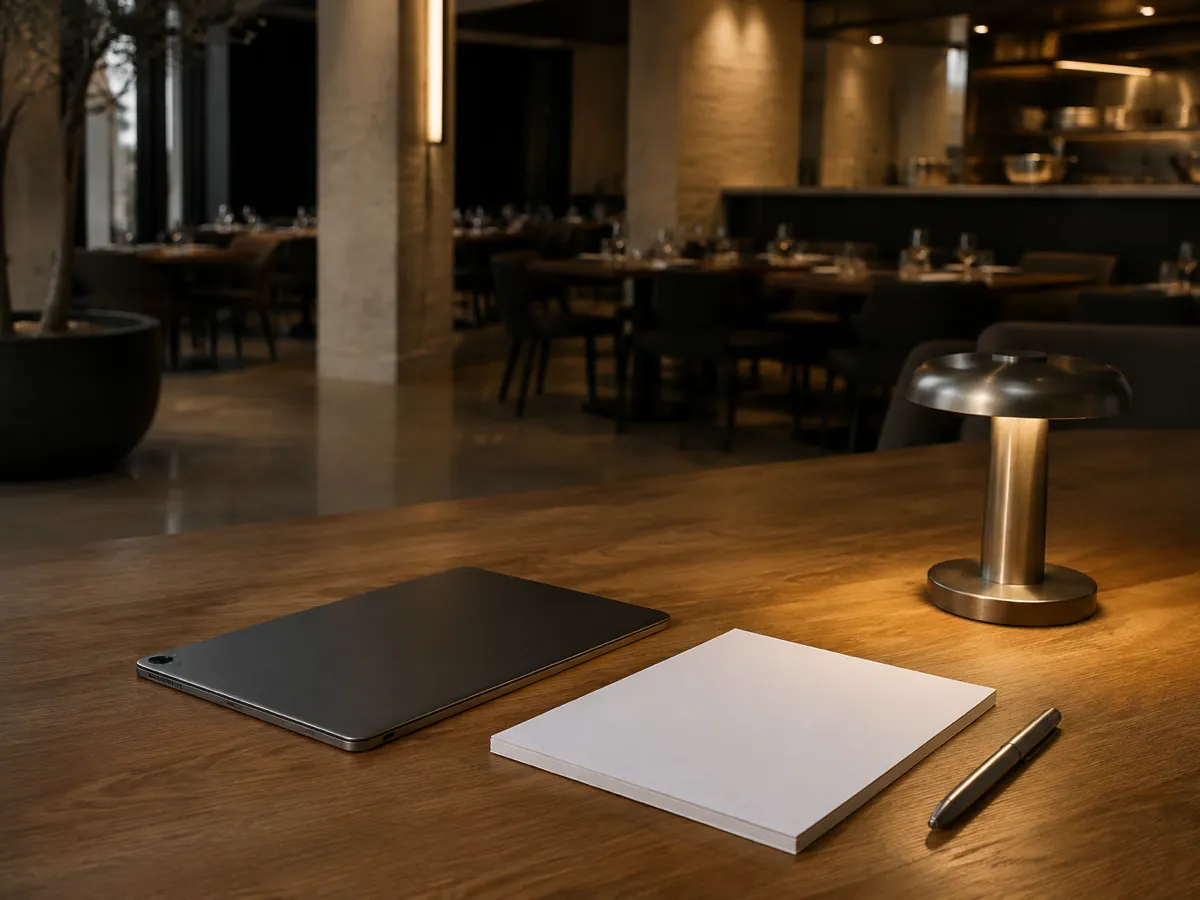 A quiet desk after service, a tablet face down beside a stack of blank paper under lamp light.