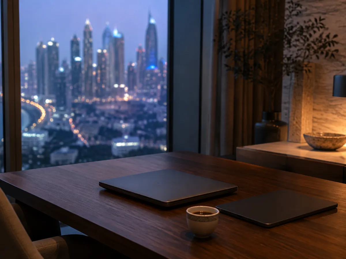 An owner office at blue hour, a laptop and tablet closed on a desk by a city window.