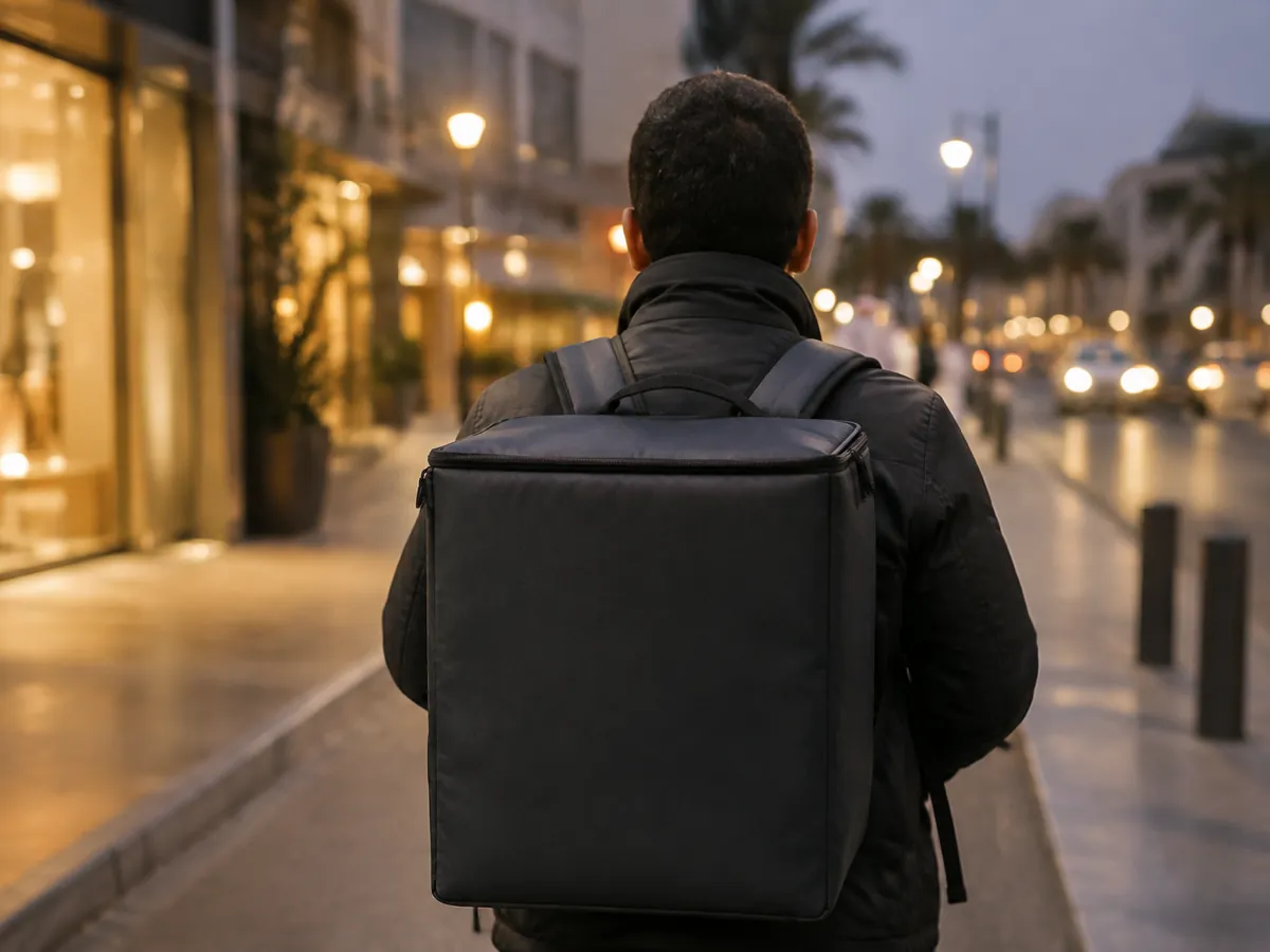 A delivery rider seen from behind at dusk with an insulated bag, city lights blurred beyond.