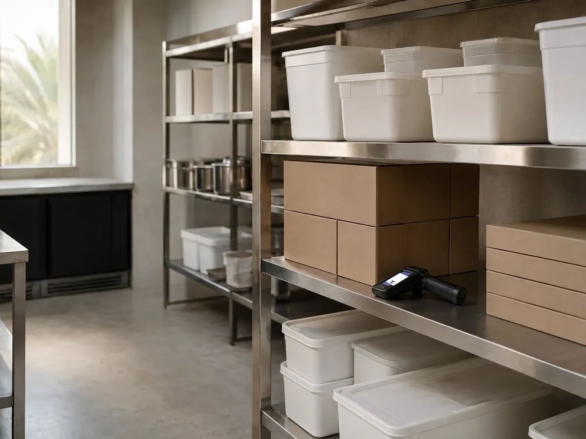 A tidy restaurant stockroom with steel shelving, plain containers and a handheld scanner.