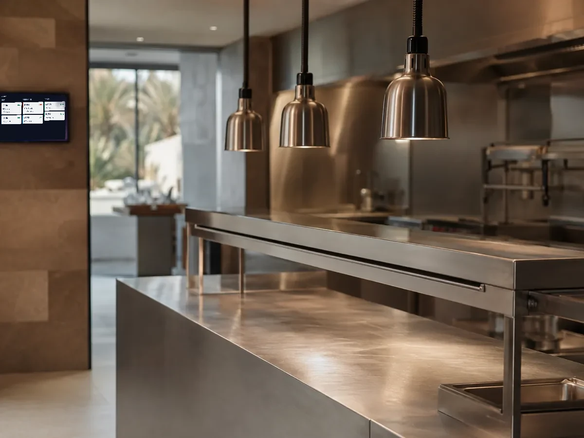 A clean stainless steel kitchen pass with heat lamps above and a screen at the edge of frame.