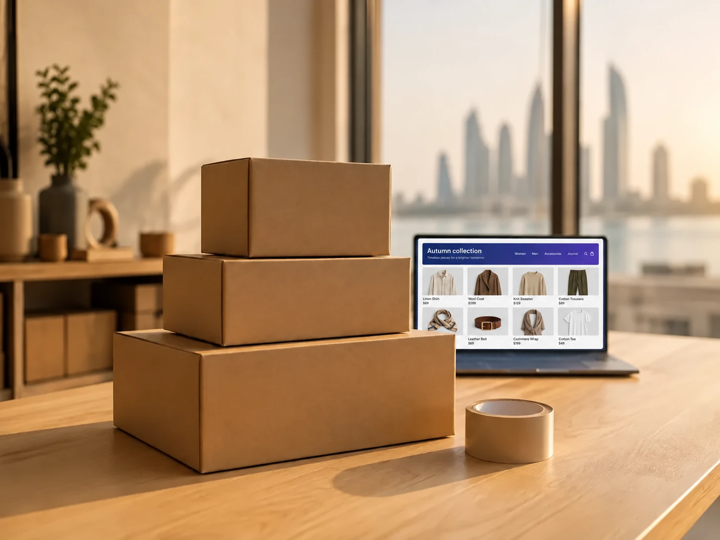 A retail studio table with plain shipping boxes and tape, a laptop open behind them.