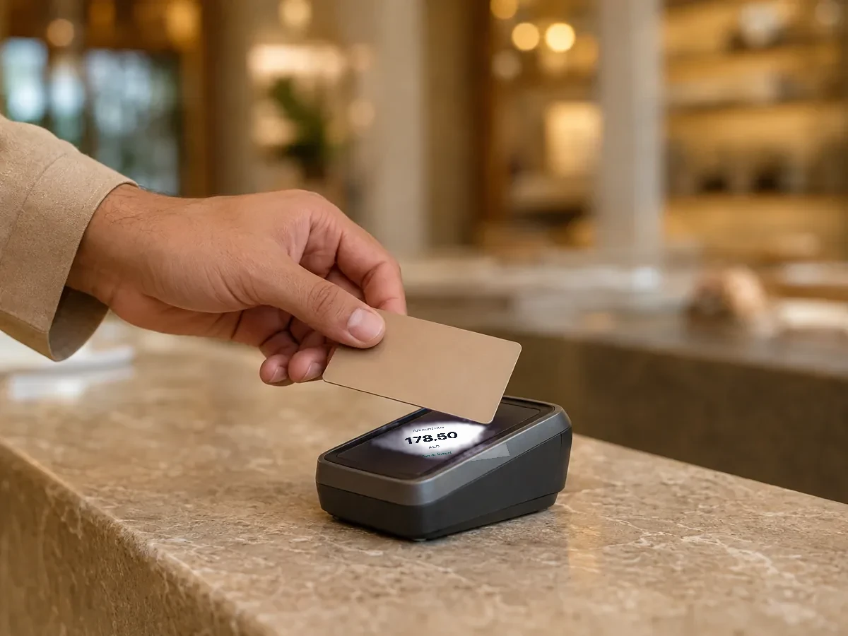 A customer tapping a card on a small terminal at a boutique counter.