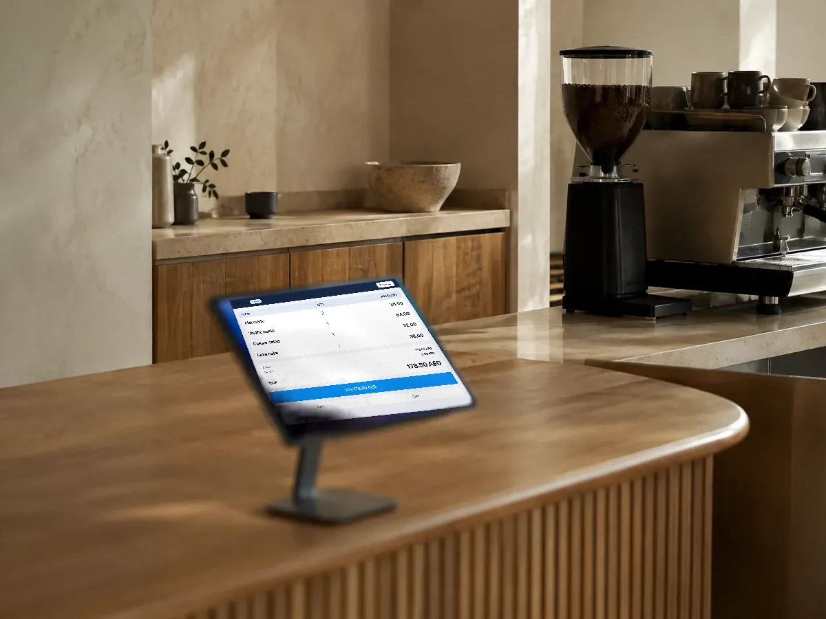 The service counter of a modern cafe, a tablet on a stand in the foreground.