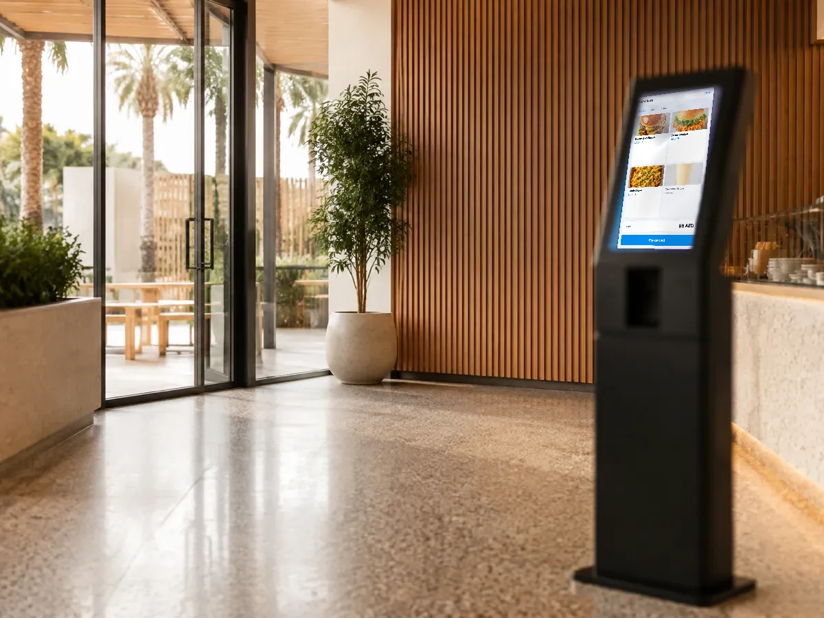 The entrance of a fast casual restaurant with a tall floor standing terminal to one side.