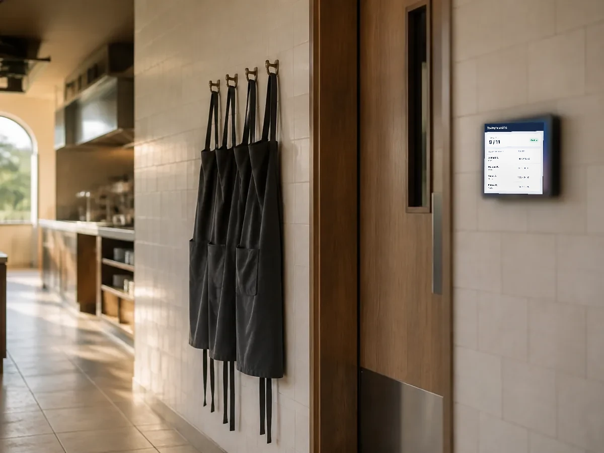 A back of house corridor before opening, aprons on hooks and a wall tablet by the door.